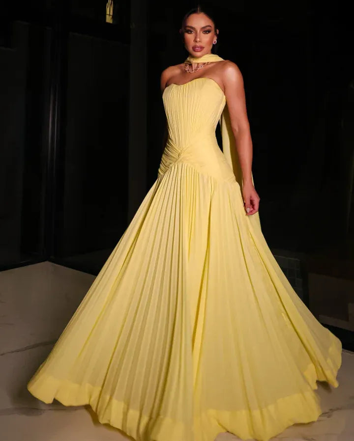 Glamorous Strapless Sweetheart Pleated Cape Chiffon A-Line Maxi Dress