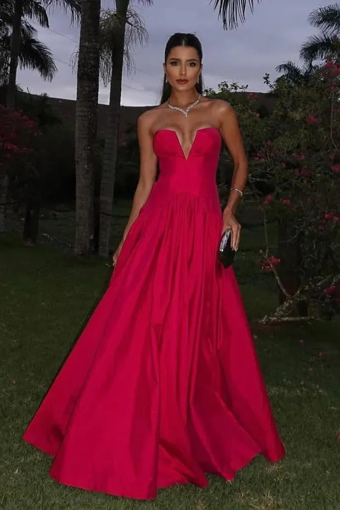 Glamorous Strapless V-Neck Satin A-Line Ball Gown Maxi Dress