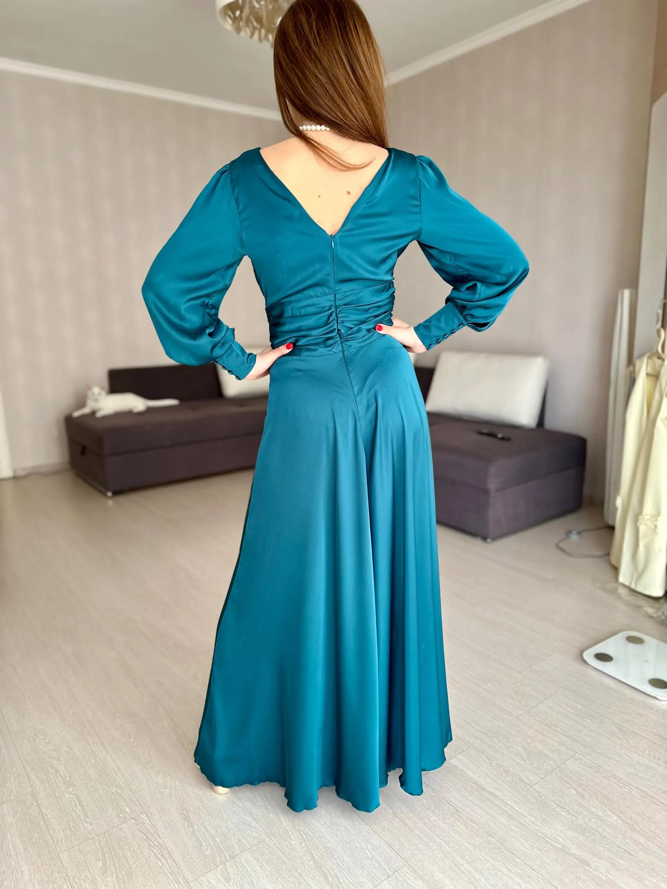 Glamorous A-Line Deep V Neck Long Sleeve Pleated Satin Floor-Length Prom Dress
