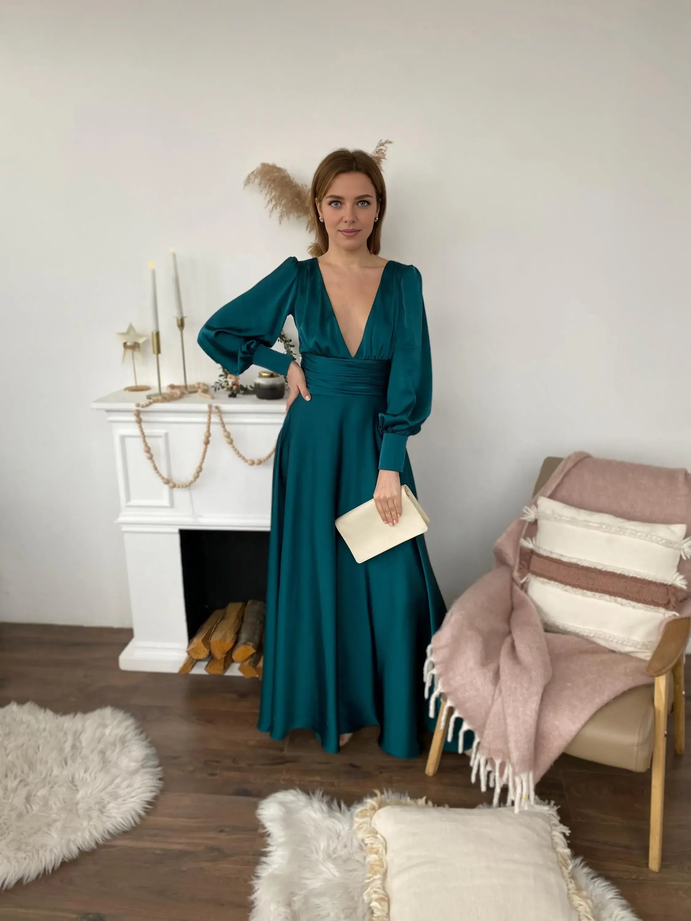 Glamorous A-Line Deep V Neck Long Sleeve Pleated Satin Floor-Length Prom Dress