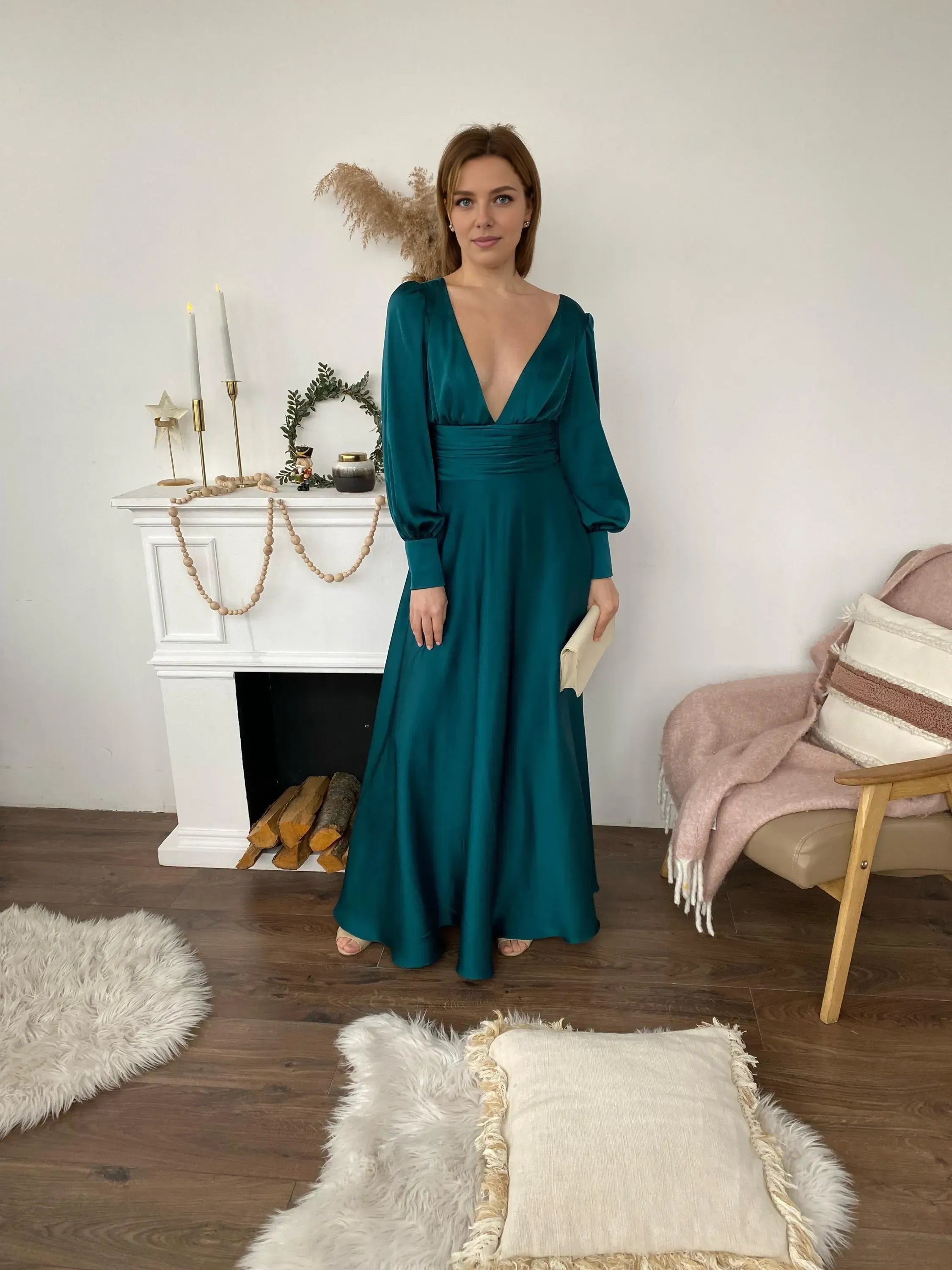 Glamorous A-Line Deep V Neck Long Sleeve Pleated Satin Floor-Length Prom Dress