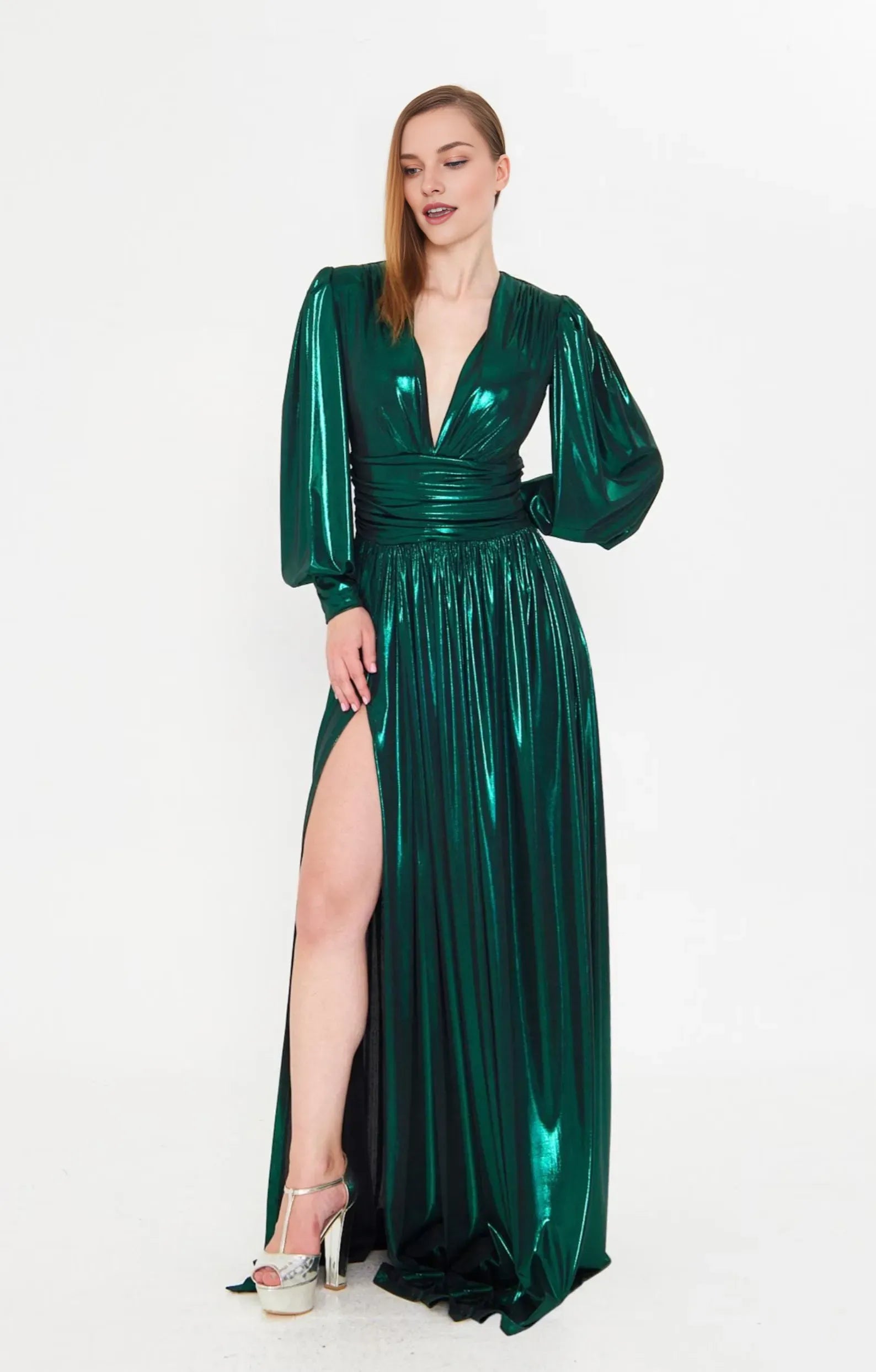 Glamorous A-Line Deep V Neck Long Sleeve Slit Metallic Floor-Length Prom Dress