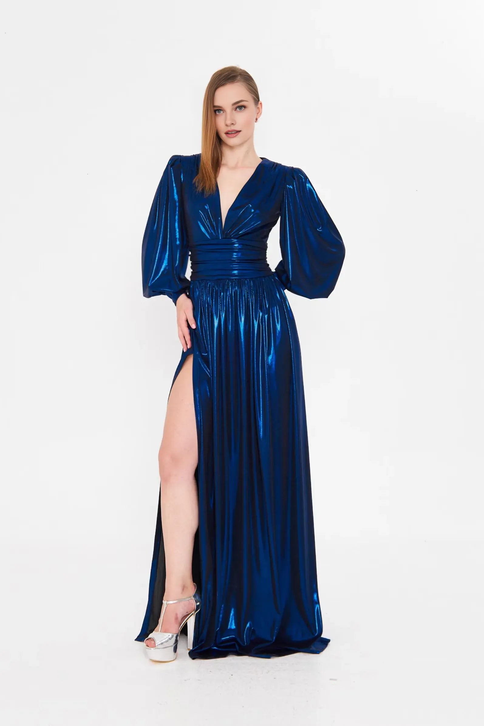 Glamorous A-Line Deep V Neck Long Sleeve Slit Metallic Floor-Length Prom Dress