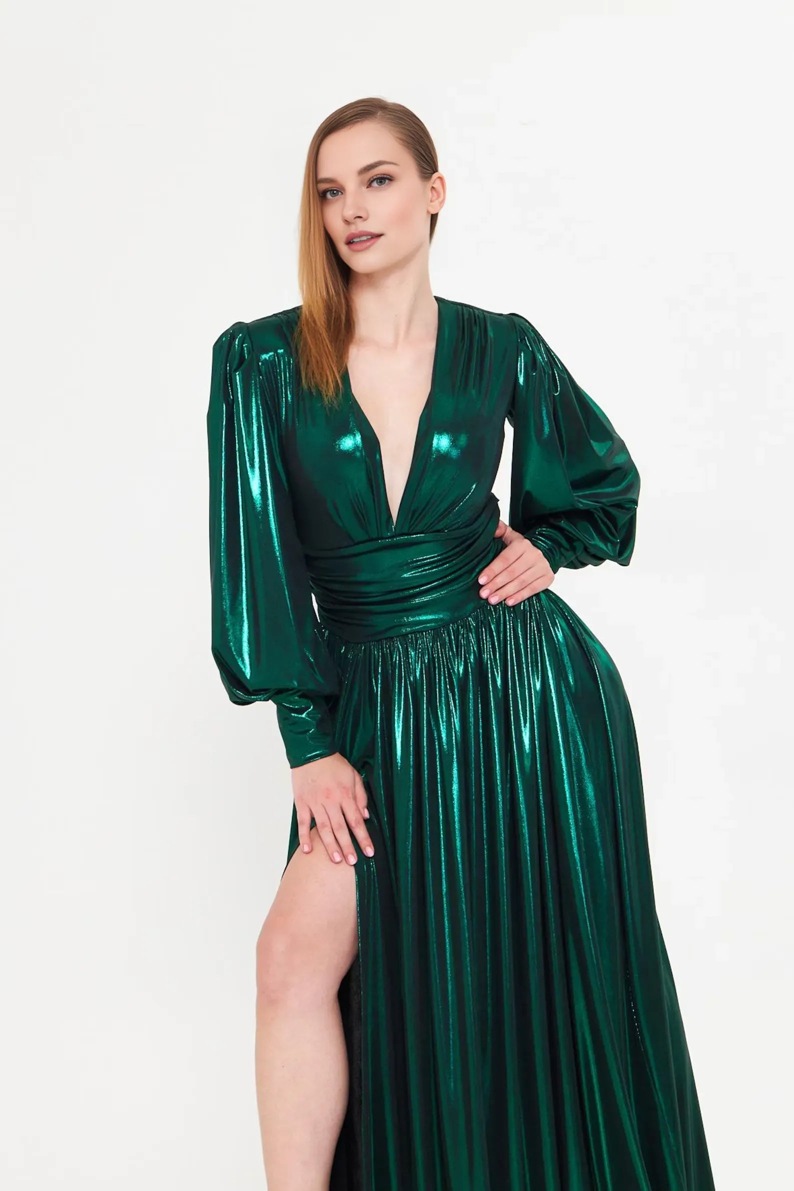 Glamorous A-Line Deep V Neck Long Sleeve Slit Metallic Floor-Length Prom Dress