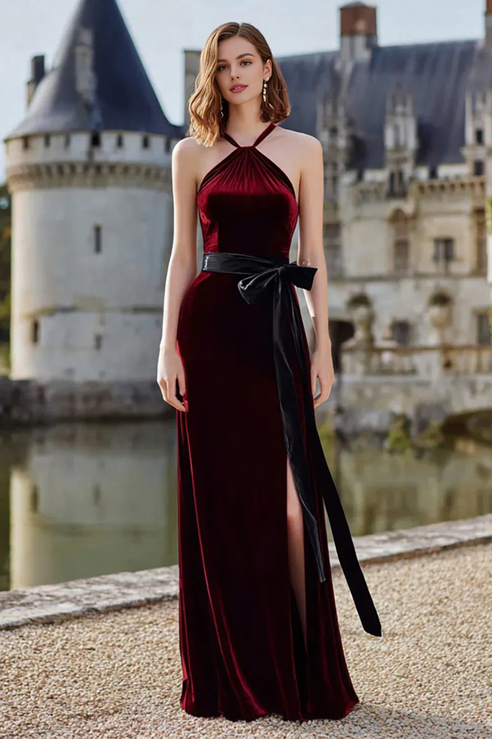Glamorous A-Line Halter Neck Sleeveless Velvet Floor-Length Prom Dress