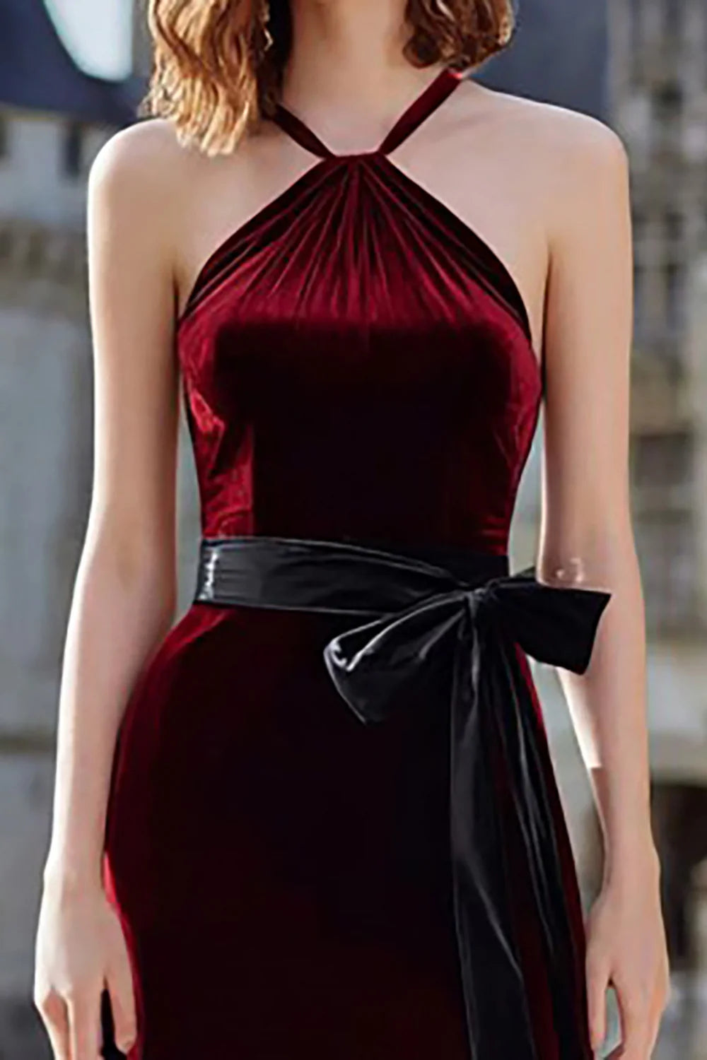 Glamorous A-Line Halter Neck Sleeveless Velvet Floor-Length Prom Dress
