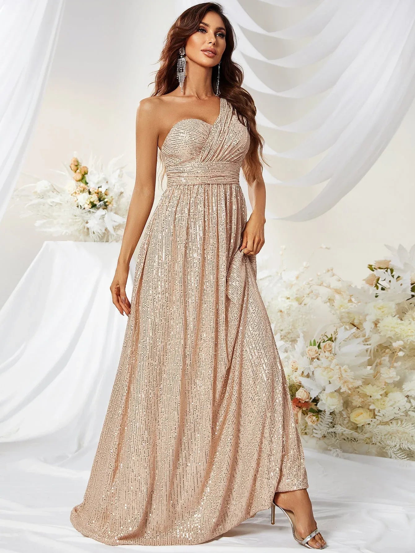 Glamorous A-Line One-Shoulder Ruched Sequin Champagne Floor-Length Prom Dress