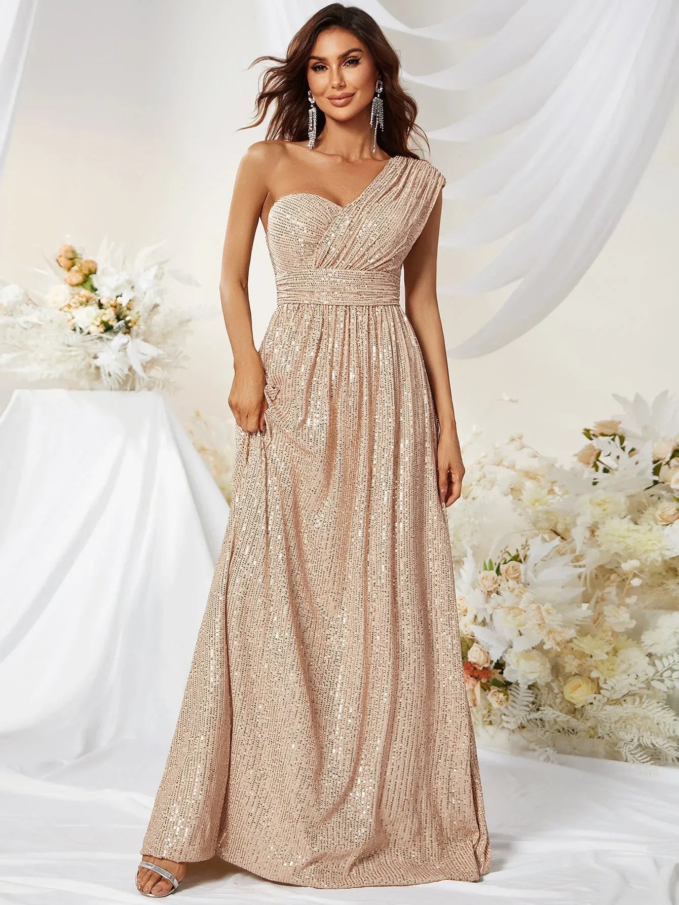 Glamorous A-Line One-Shoulder Ruched Sequin Champagne Floor-Length Prom Dress
