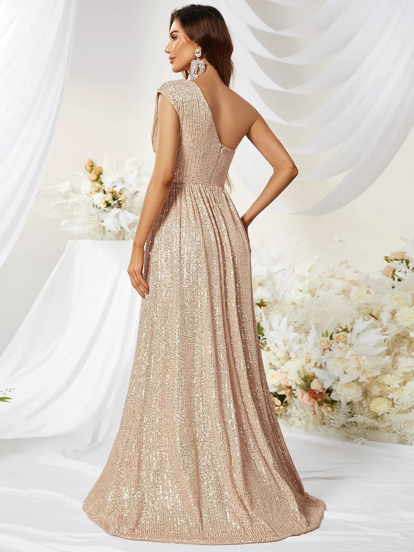 Glamorous A-Line One-Shoulder Ruched Sequin Champagne Floor-Length Prom Dress