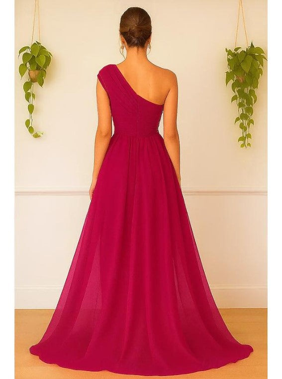 Glamorous A-Line One Shoulder Sleeveless Slit Floor Length Prom Dress