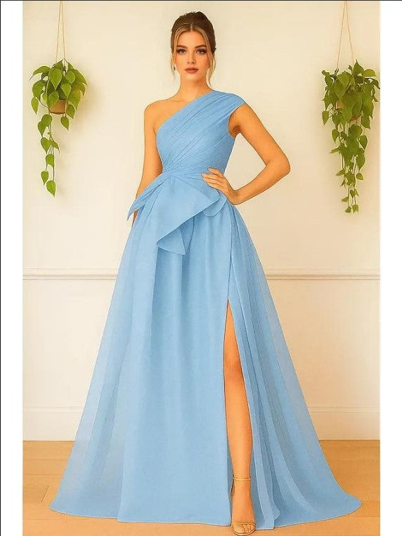 Glamorous A-Line One Shoulder Sleeveless Slit Floor Length Prom Dress