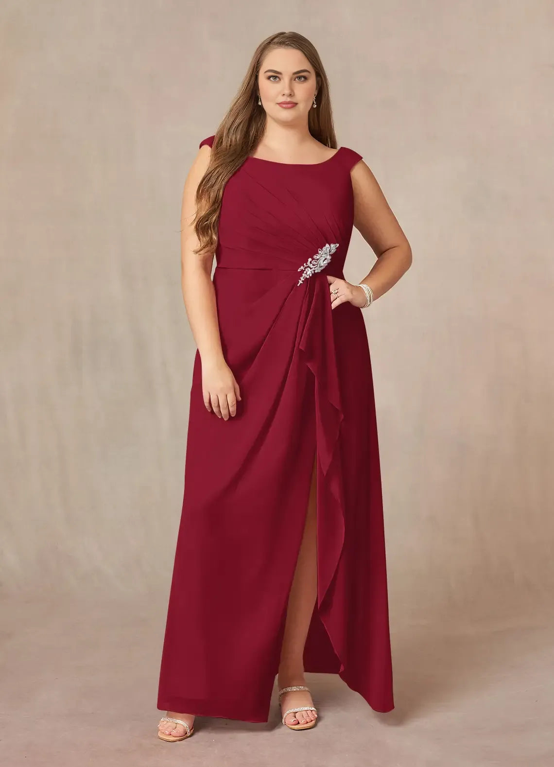 Glamorous A-Line Scoop Neck Sleeveless Back Zip Floor-Length Plus Size Mother of the Bride Dress