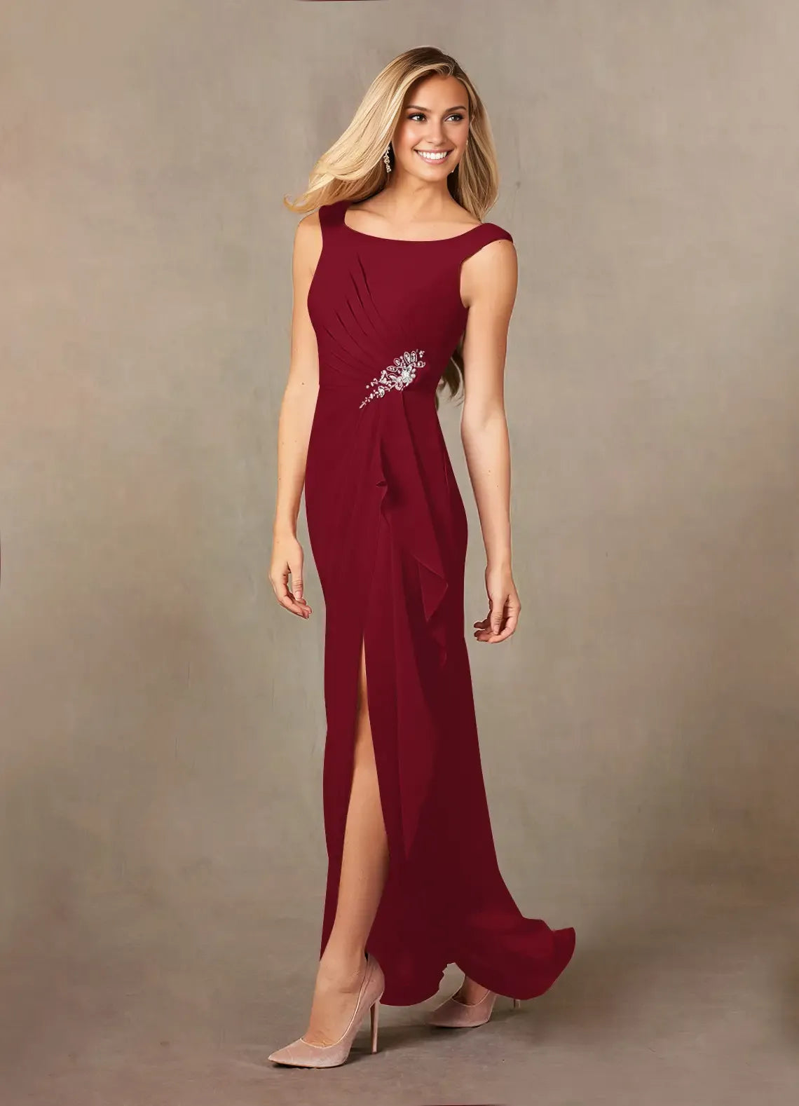 Glamorous A-Line Scoop Neck Sleeveless Back Zip Floor-Length Mother of the Bride Dress