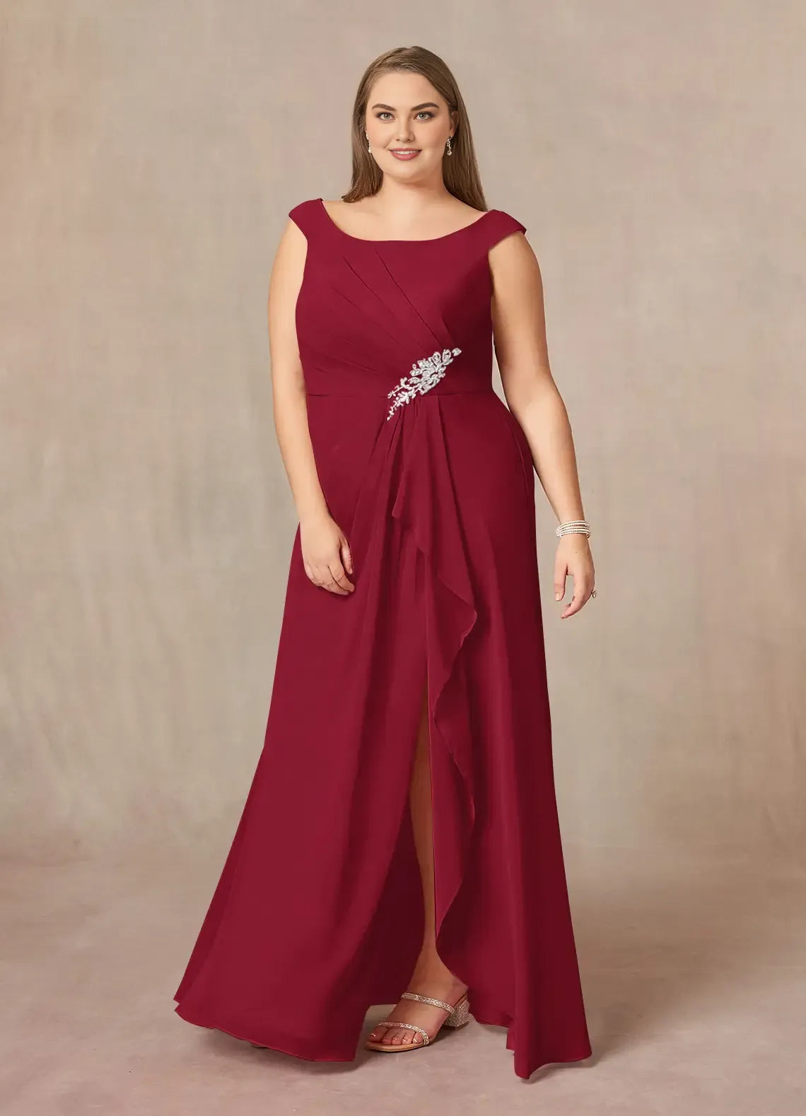 Glamorous A-Line Scoop Neck Sleeveless Back Zip Floor-Length Plus Size Mother of the Bride Dress