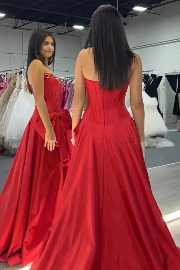 Glamorous A-Line Strapless Beaded Satin Bow Slit Prom Gown