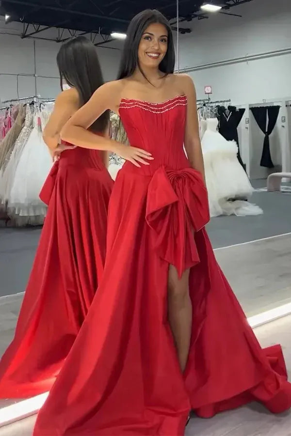 Glamorous A-Line Strapless Beaded Satin Bow Slit Prom Gown