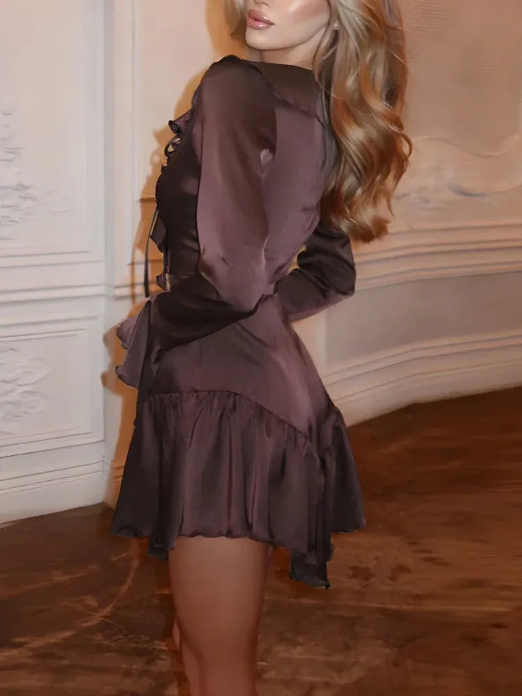 Glamorous A-Line V-Neck Long Sleeve Ruffled Satin Chocolate Mini Homecoming Dress