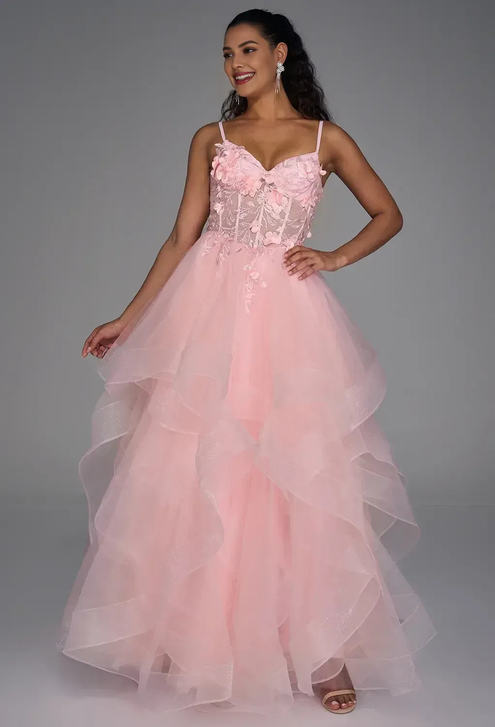Glamorous A-line V Neck Sleeveless Backless Tulle Floor Length Prom Dress