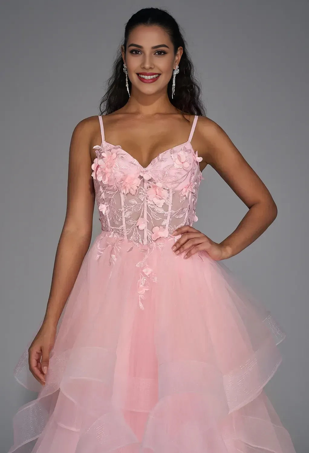 Glamorous A-line V Neck Sleeveless Backless Tulle Floor Length Prom Dress