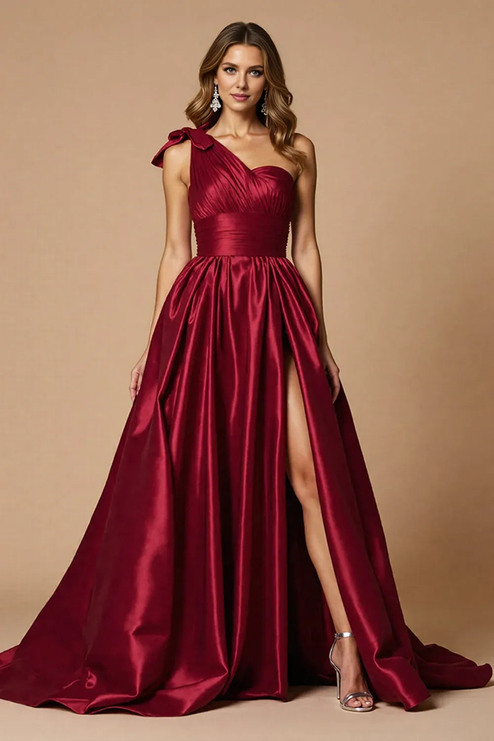 Glamorous A Line One Shoulder Sleeveless Satin Sweep/Brush Train Prom Dress