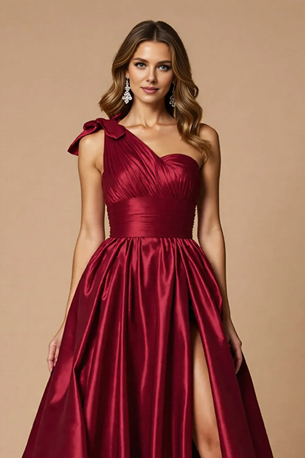 Glamorous A Line One Shoulder Sleeveless Satin Sweep/Brush Train Prom Dress