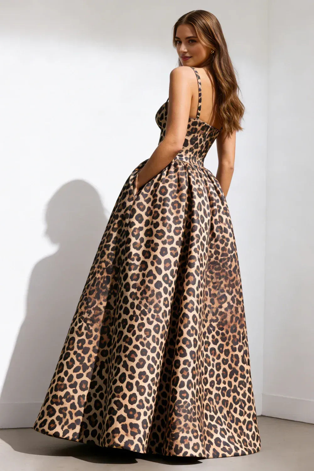 Glamorous A Line Spaghetti Straps Sleeveless Leopard Print Floor-Length Prom Dress