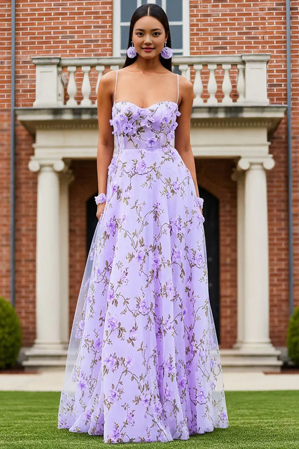 Glamorous A Line Spaghetti Straps Sleeveless Tulle Printed Floor-Length Prom Dress