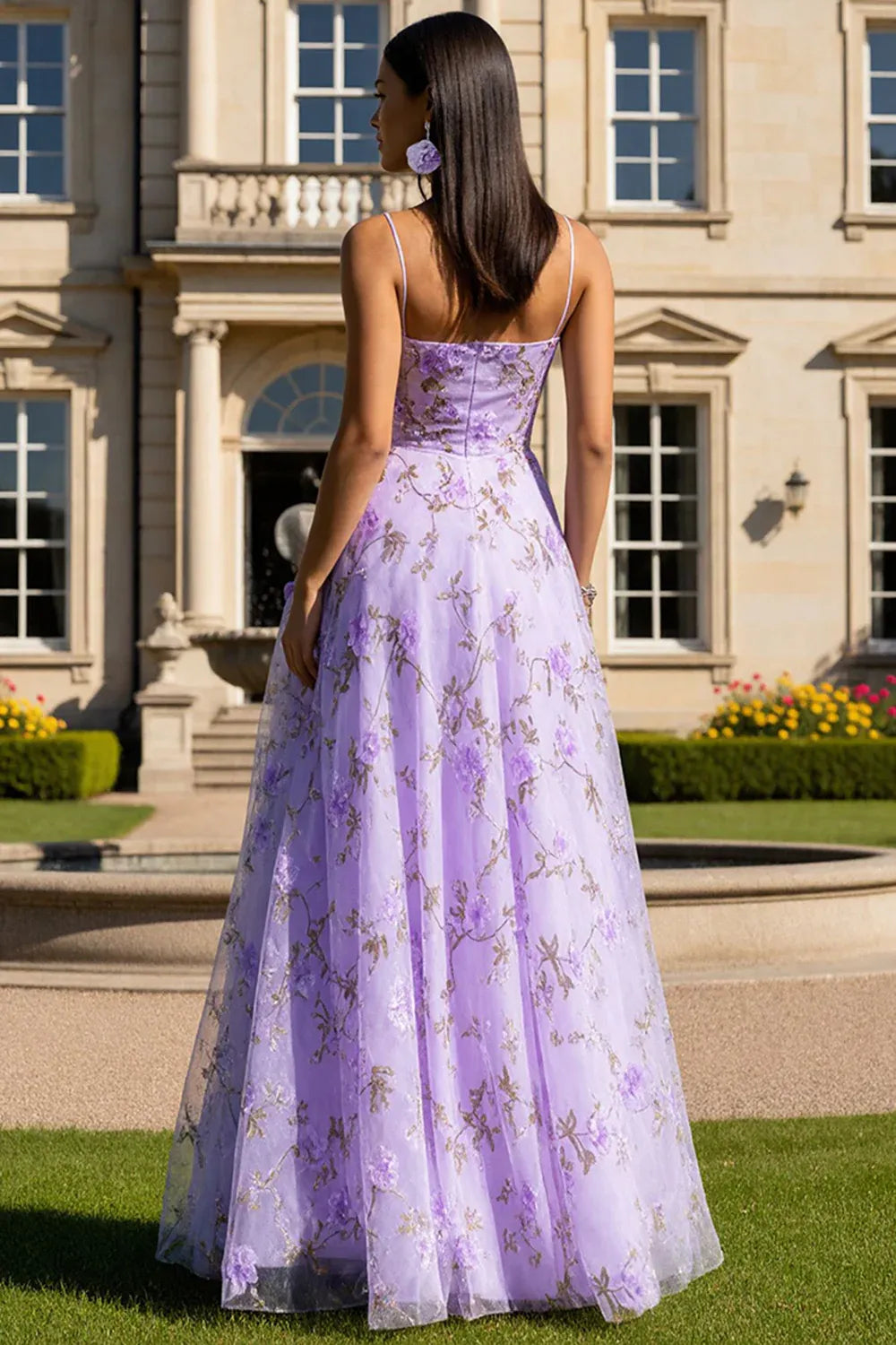 Glamorous A Line Spaghetti Straps Sleeveless Tulle Printed Floor-Length Prom Dress
