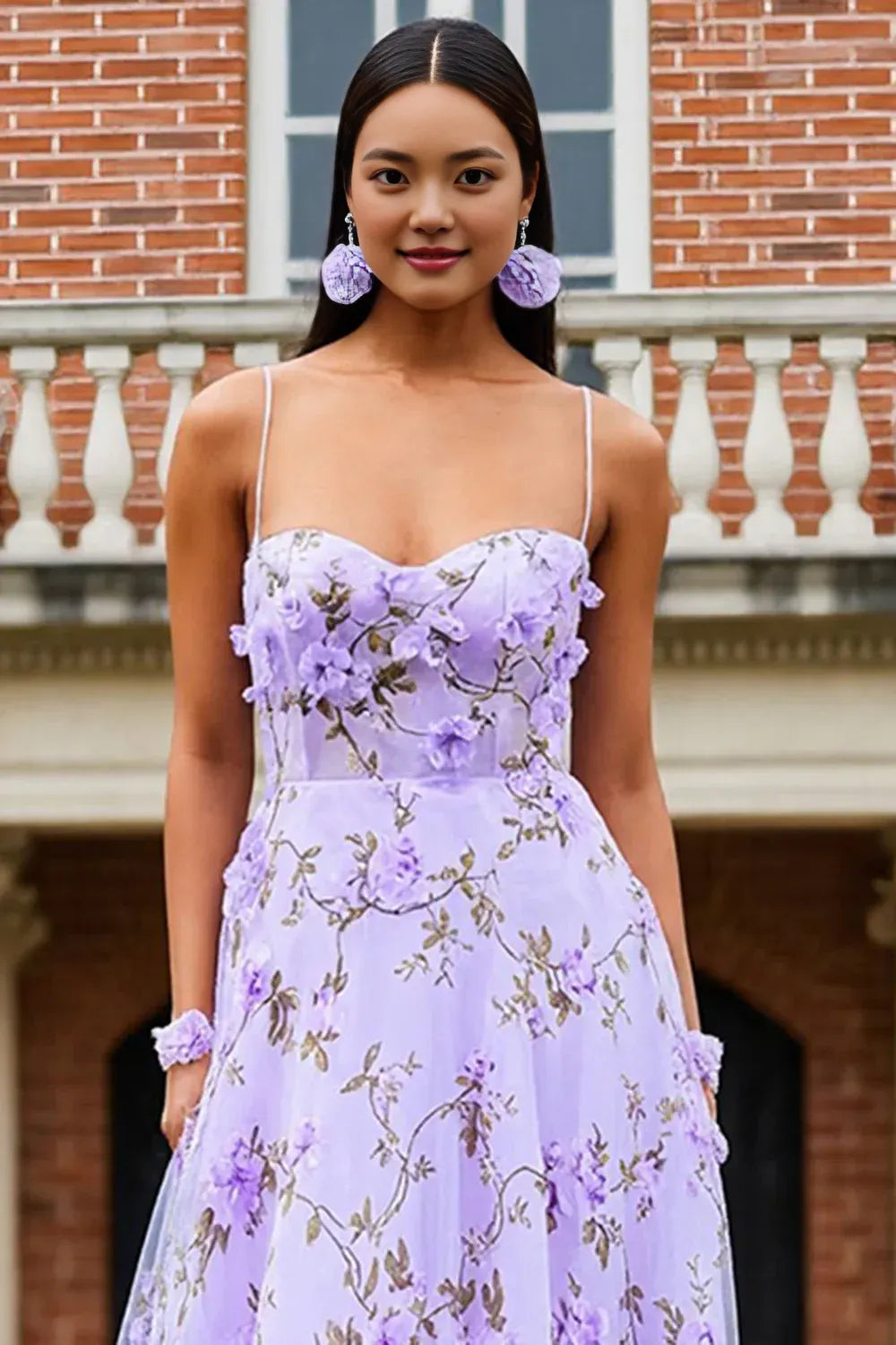Glamorous A Line Spaghetti Straps Sleeveless Tulle Printed Floor-Length Prom Dress