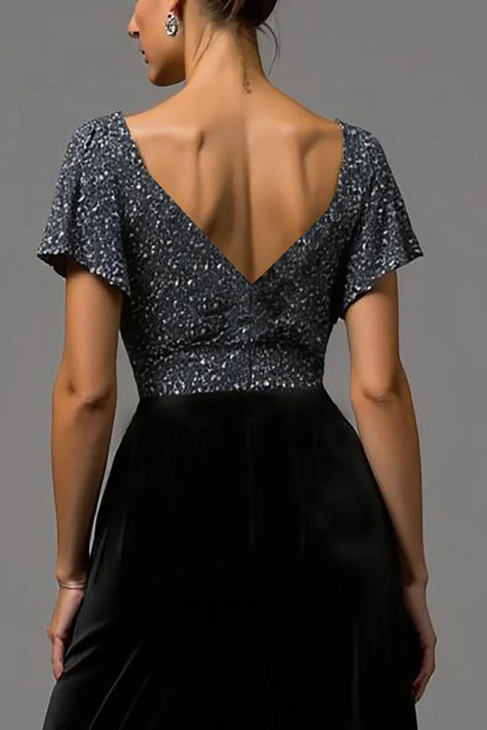 Glamorous A Line V Neck Flutter Sleeve Sequins Floor-Length Prom Dress