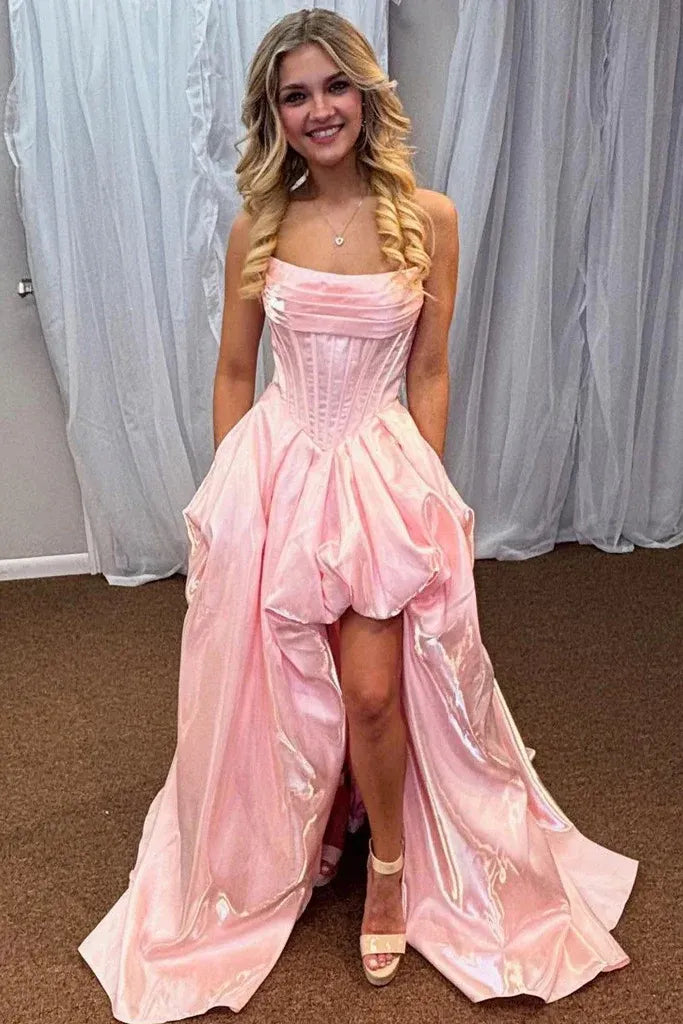 Glamorous Ball Gown Strapless Corset High Low Satin Prom Gown