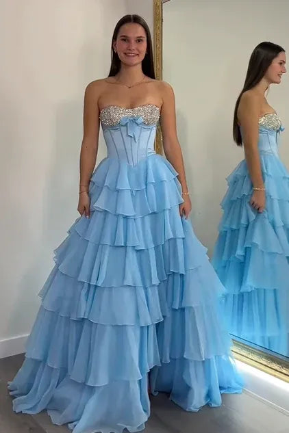 Glamorous Beaded Sweetheart Sleeveless Empire A-Line Chiffon Tiered Long Prom Dress