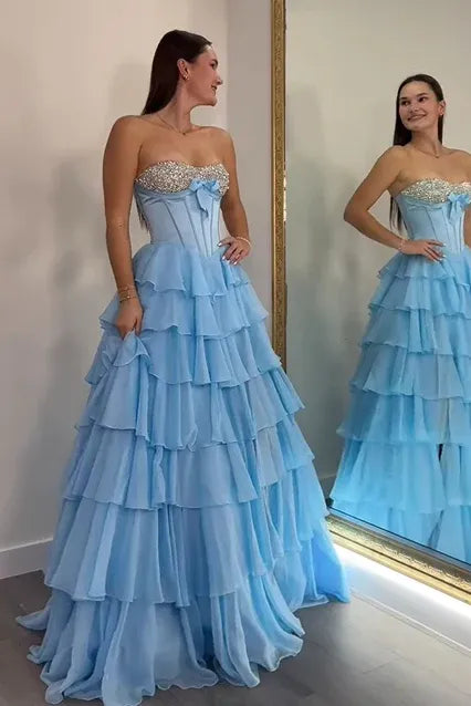 Glamorous Beaded Sweetheart Sleeveless Empire A-Line Chiffon Tiered Long Prom Dress