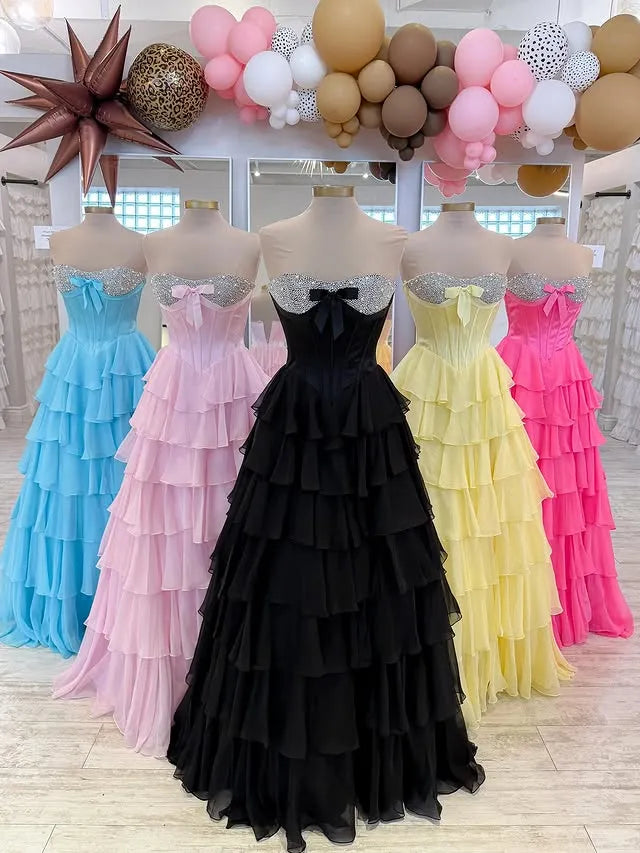 Glamorous Beaded Sweetheart Sleeveless Empire A-Line Chiffon Tiered Long Prom Dress
