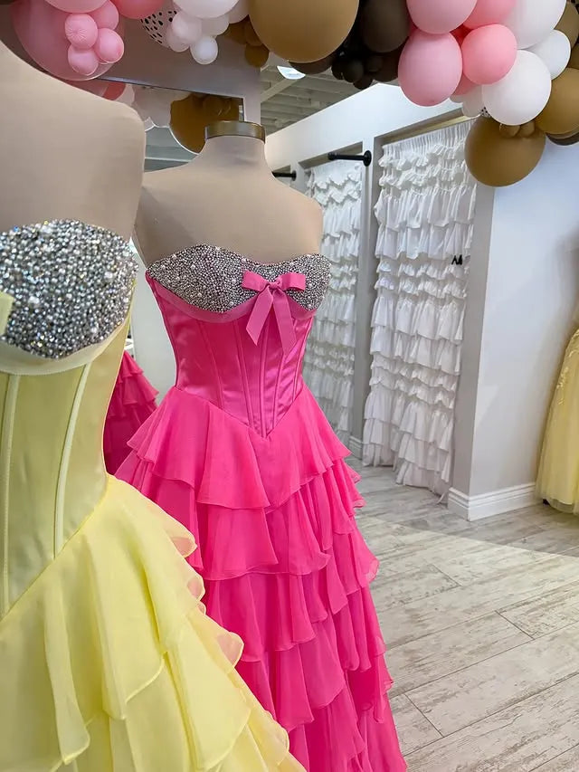 Glamorous Beaded Sweetheart Sleeveless Empire A-Line Chiffon Tiered Long Prom Dress