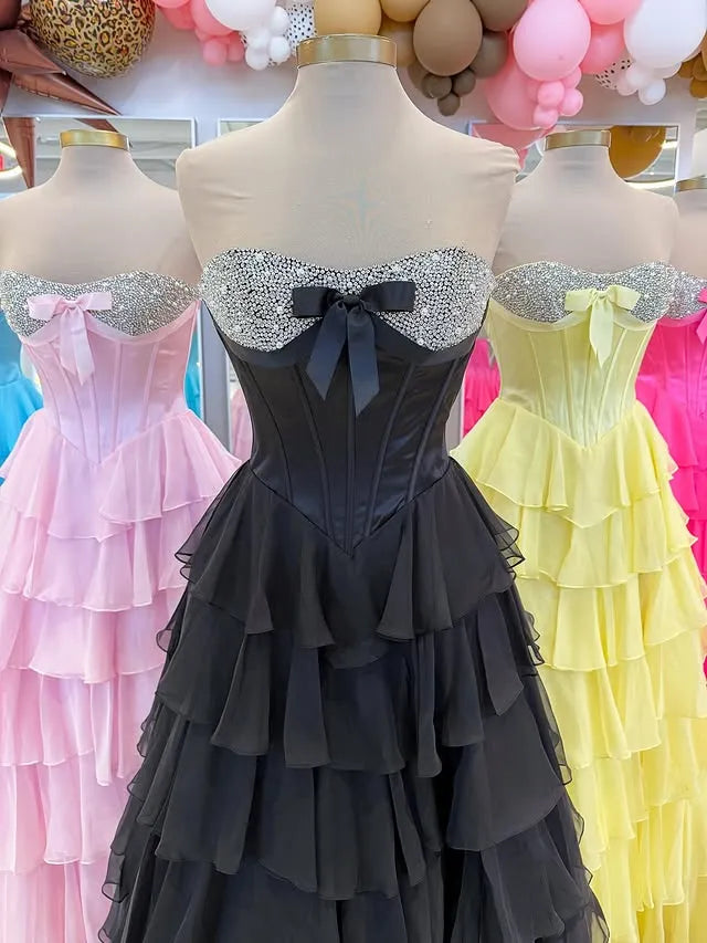 Glamorous Beaded Sweetheart Sleeveless Empire A-Line Chiffon Tiered Long Prom Dress