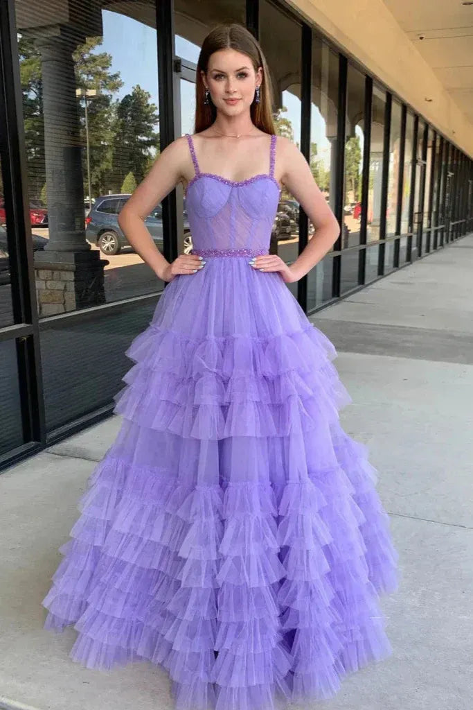 Glamorous Black Spaghetti Strap Tiered Ruffled Tulle Ball Gown