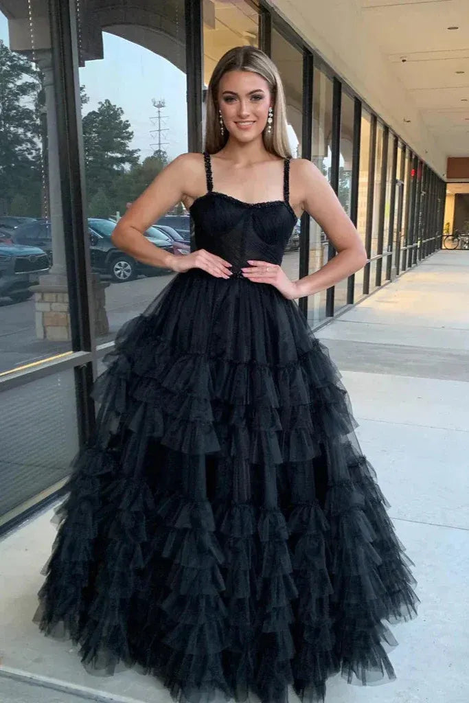 Glamorous Black Spaghetti Strap Tiered Ruffled Tulle Ball Gown