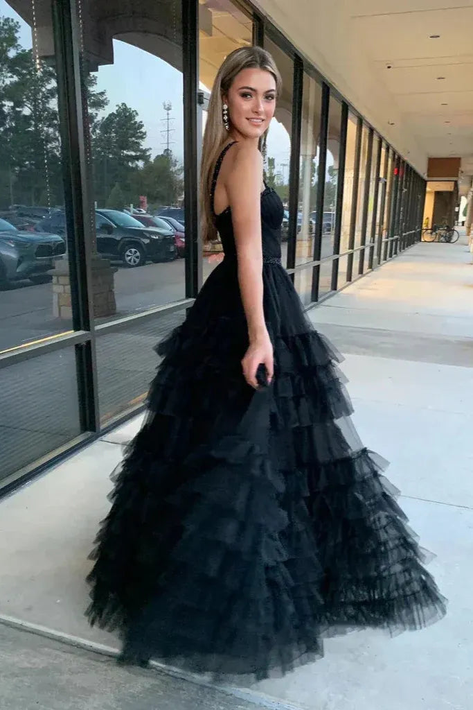 Glamorous Black Spaghetti Strap Tiered Ruffled Tulle Ball Gown
