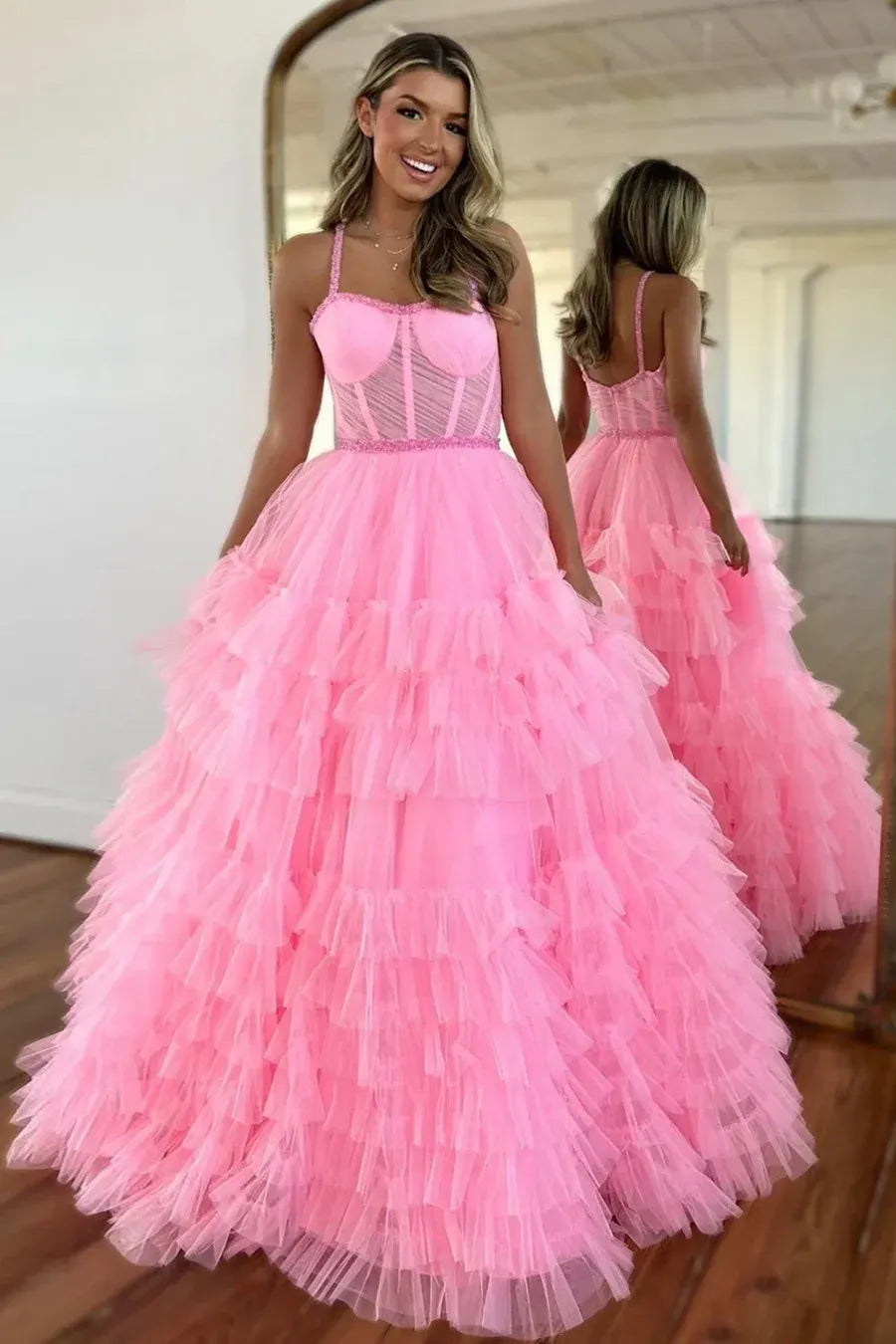 Glamorous Black Spaghetti Strap Tiered Ruffled Tulle Ball Gown