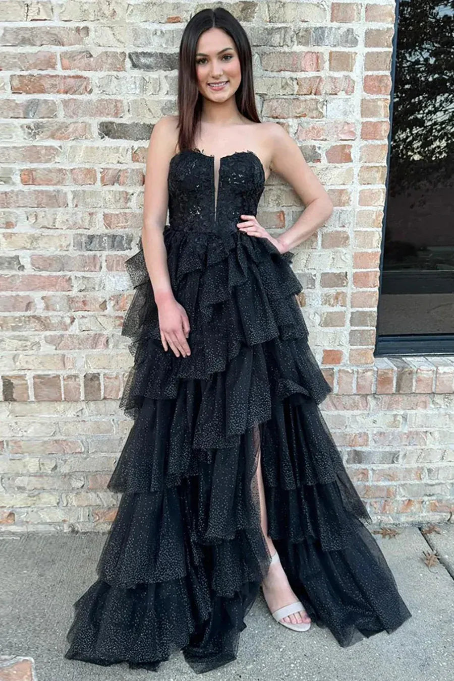 Glamorous Black Strapless Tiered Ruffled Glitter Gown With Lace Bodice