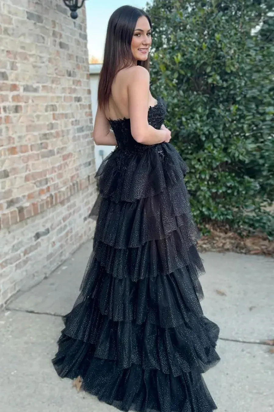 Glamorous Black Strapless Tiered Ruffled Glitter Gown With Lace Bodice