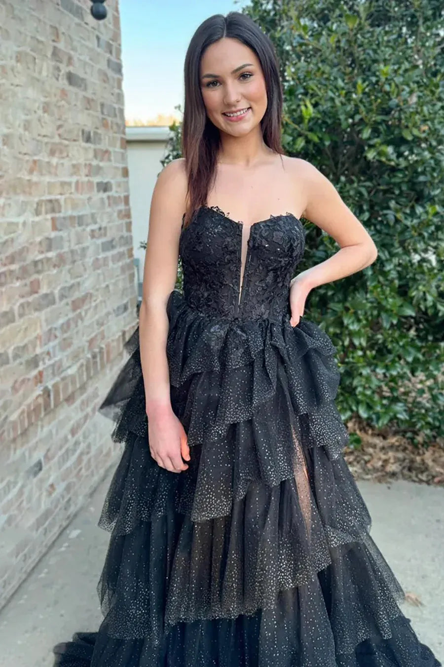 Glamorous Black Strapless Tiered Ruffled Glitter Gown With Lace Bodice
