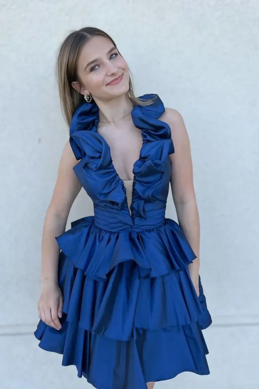 Glamorous Blue Halter Tiered Ruffled Satin Mini Dress