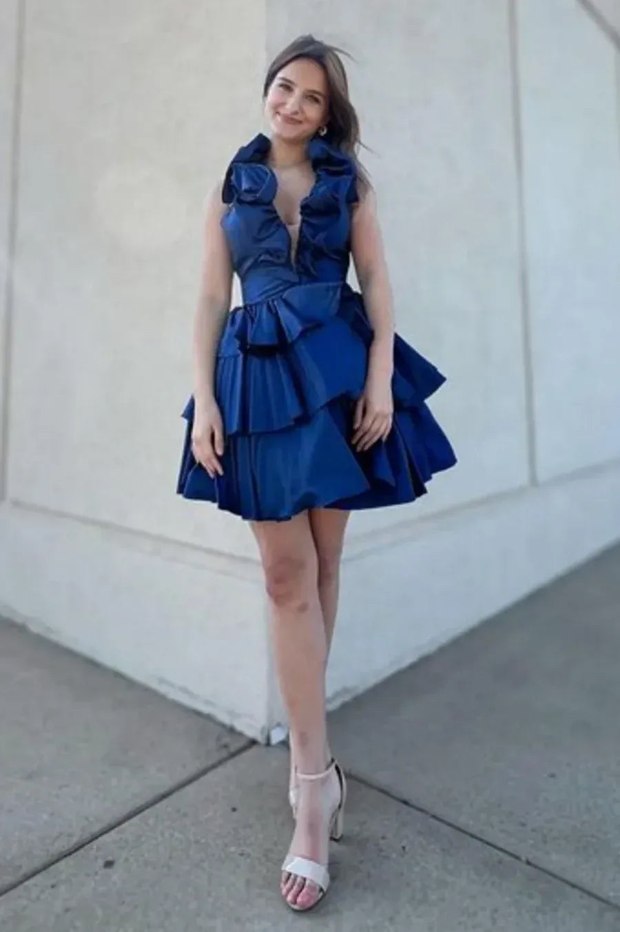 Glamorous Blue Halter Tiered Ruffled Satin Mini Dress