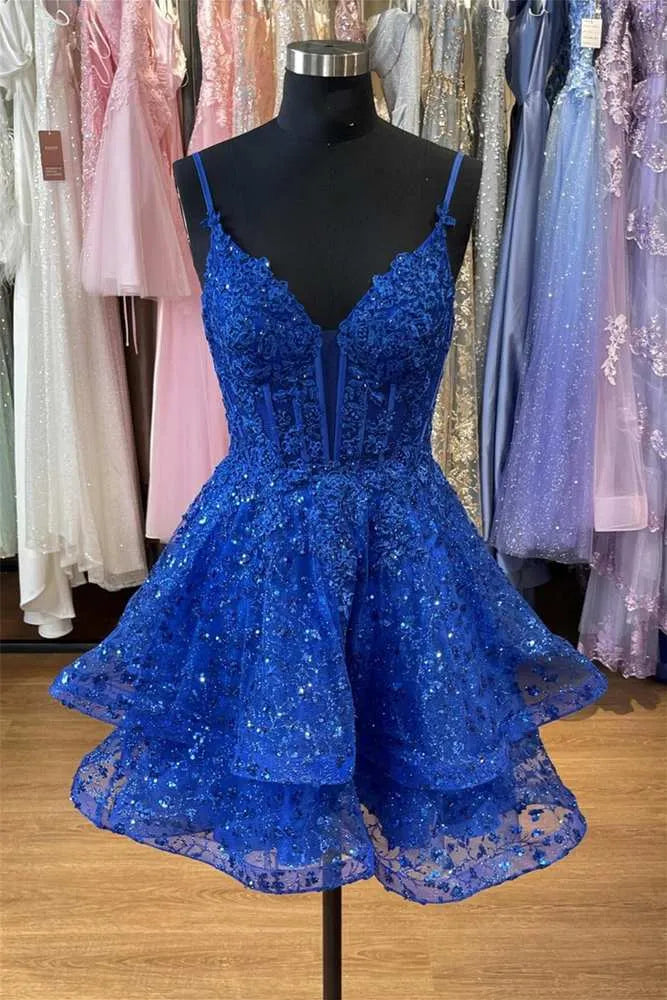 Glamorous Blue Spaghetti Strap Tiered Ruffled Lace Mini Dress With Corset