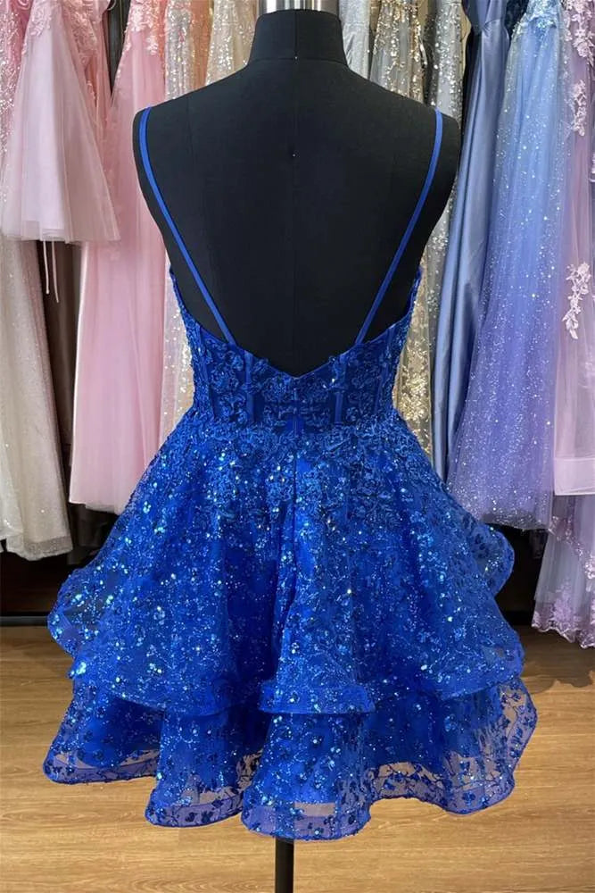Glamorous Blue Spaghetti Strap Tiered Ruffled Lace Mini Dress With Corset