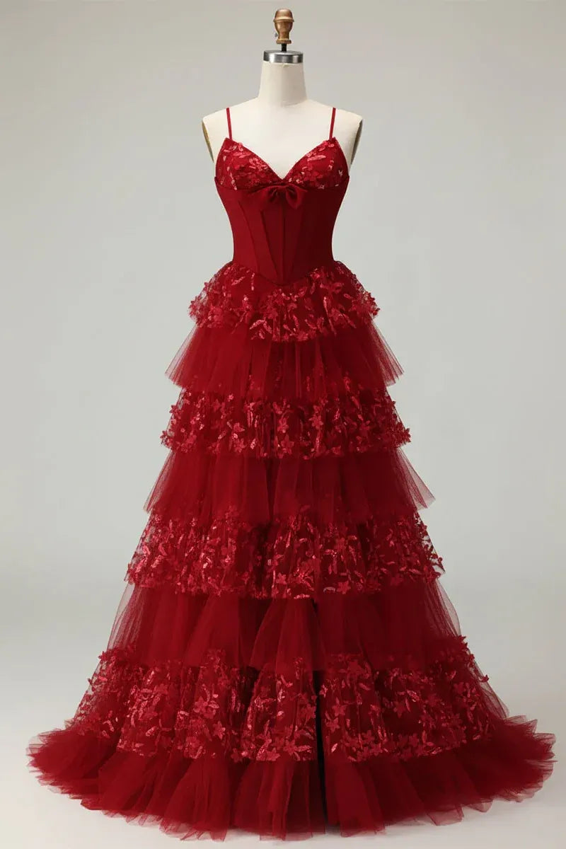 Glamorous Burgundy Spaghetti Strap Tiered Ruffled Lace Ball Gown