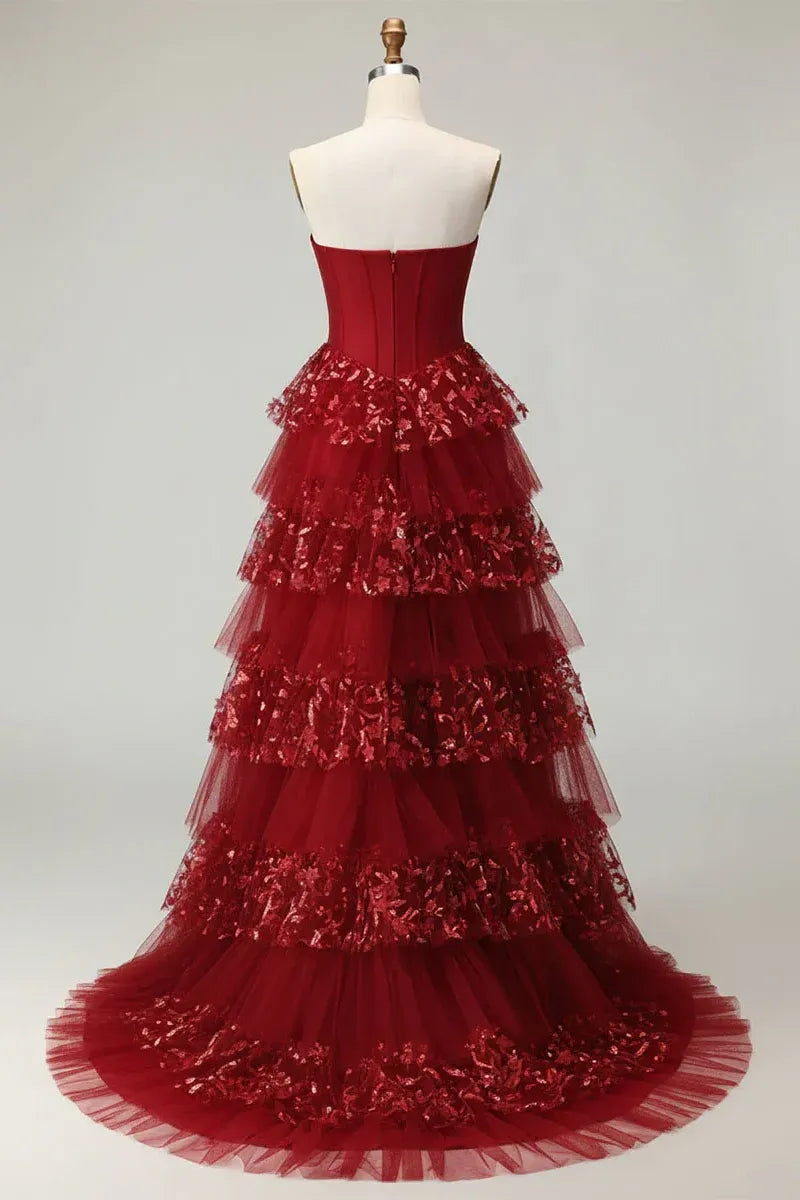 Glamorous Burgundy Spaghetti Strap Tiered Ruffled Lace Ball Gown