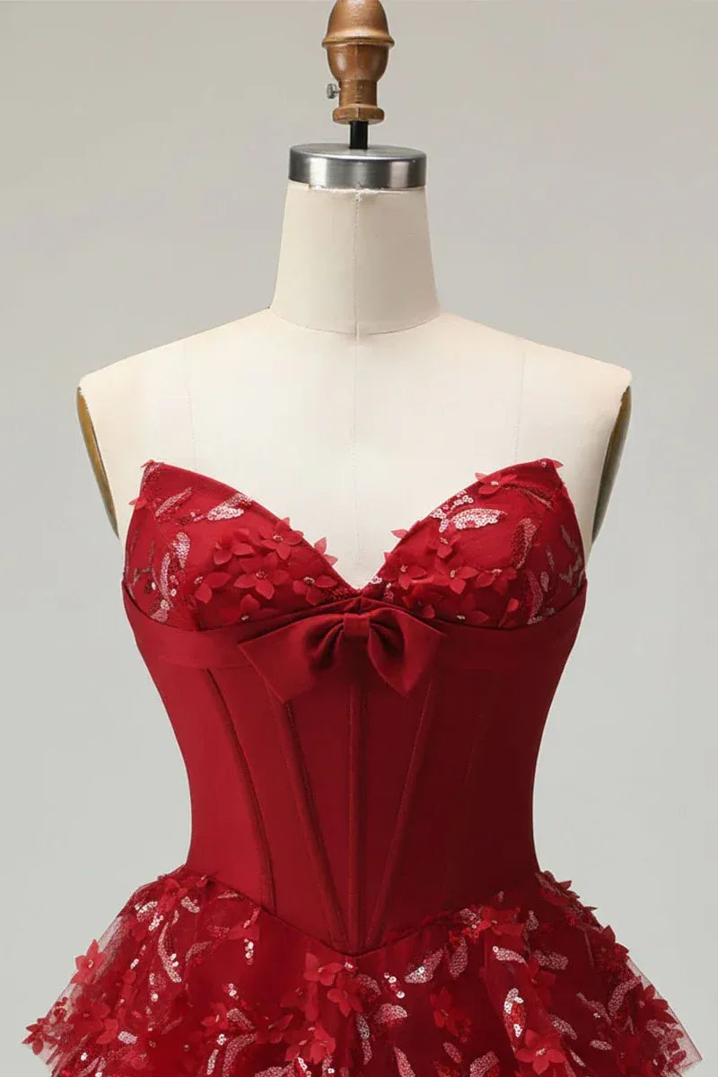 Glamorous Burgundy Spaghetti Strap Tiered Ruffled Lace Ball Gown